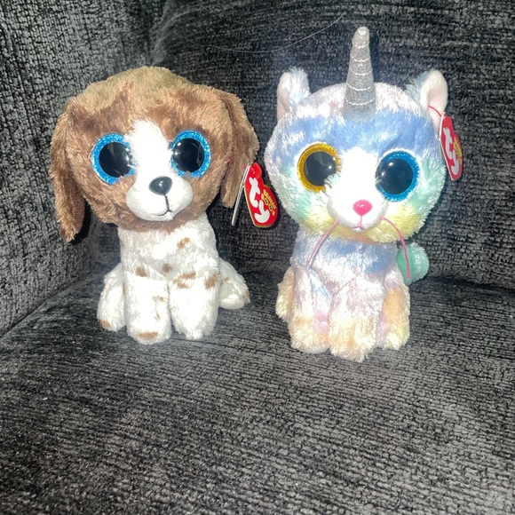2 TY Beanie Boos Heather Unicorn cat & Muddles brown Dog 6” plush - Picture 1 of 6